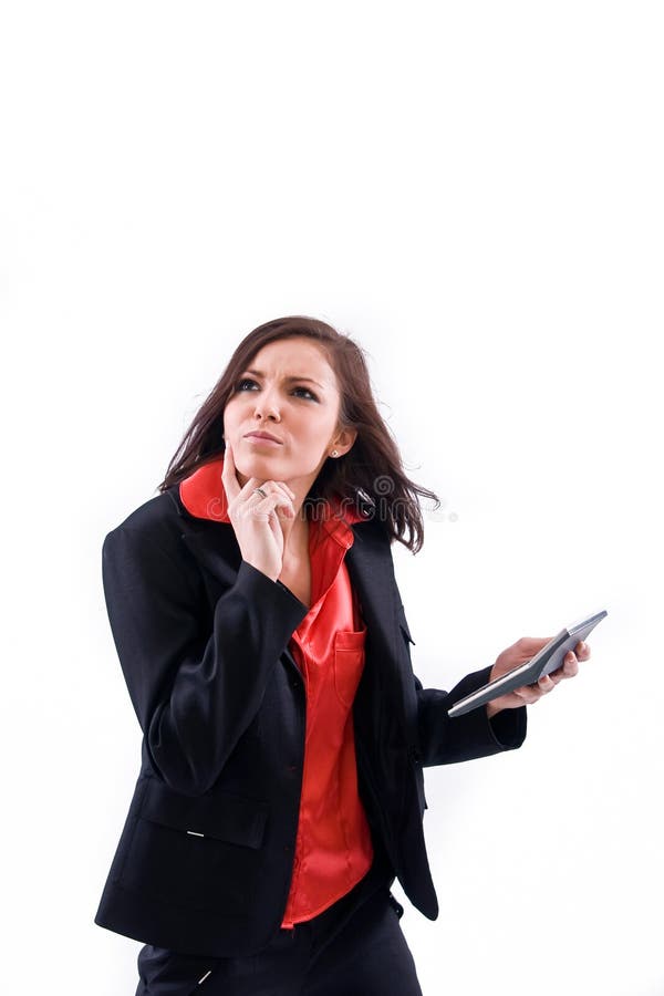 Interested woman and calculator.