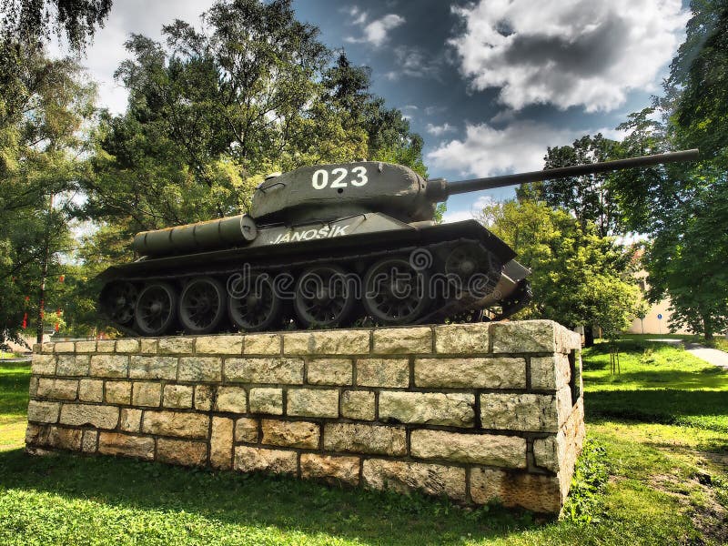 An interesting historical monument of a Russian tank called Janosik in the town of Kezmarok near the castle