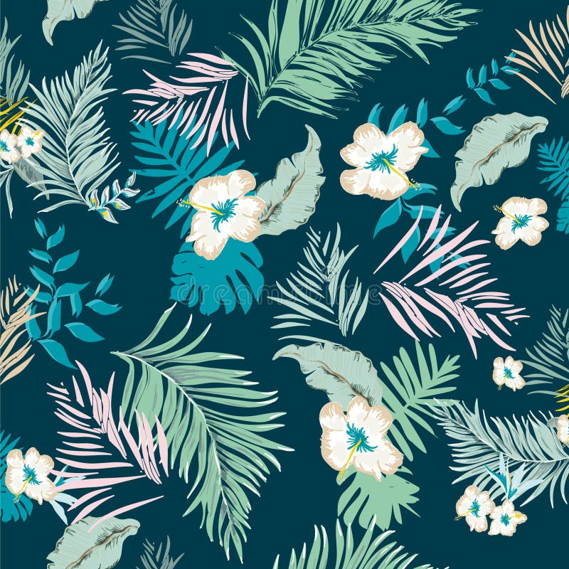 Tropical Flowers and Leaves on the Dark Green Background Seamless ...