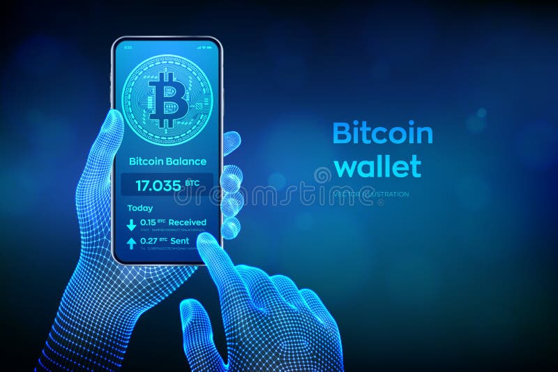 Interfaccia del wallet Bitcoin sullo schermo smartphone I pagamenti in valuta e il concetto di moneta digitale basata sulla tecnologia di blocco Chiudere il telefono cellulare in mani wireframe Illustrazione vettoriale