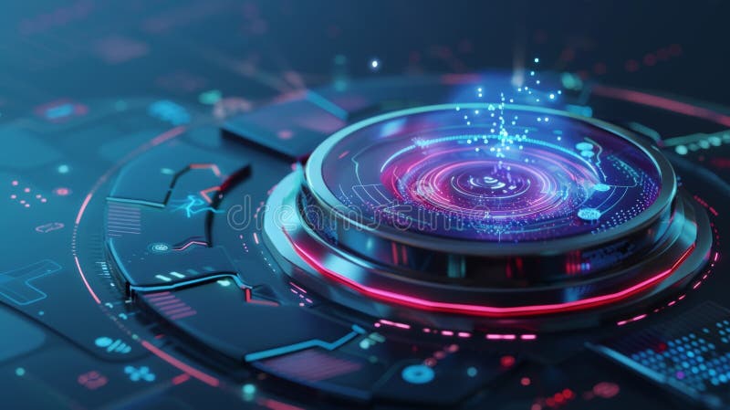 Interfaccia della tecnologia futuristica che visualizza la visualizzazione olografica dei dati. La visualizzazione olografica dei dati viene visualizzata su un'interfaccia tecnologica futuristica che presenta luci fluorescenti al neon circuiti complessi ed elementi tecnologici avanzati generati dall'ai