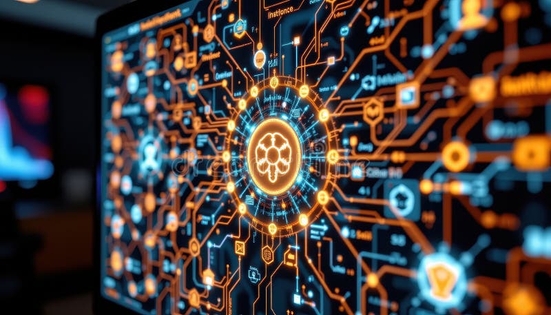 Interfaccia futuristica che mostra una rete di intelligenza artificiale su display trasparente con nodi luminosi e connessioni dig illustrazione vettoriale