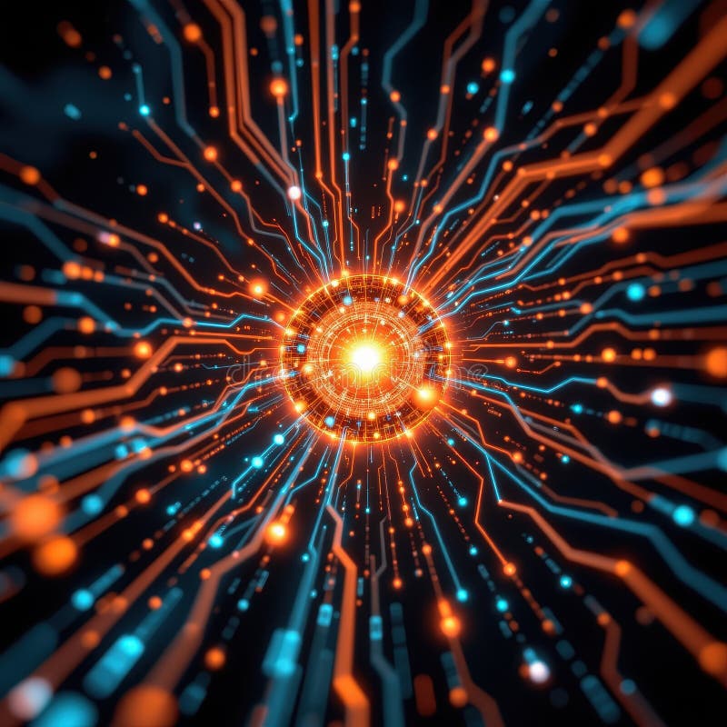 Interfaccia futuristica di intelligenza artificiale con nodi neurali di rete e linee di dati su fondo scuro illustrazione di stock