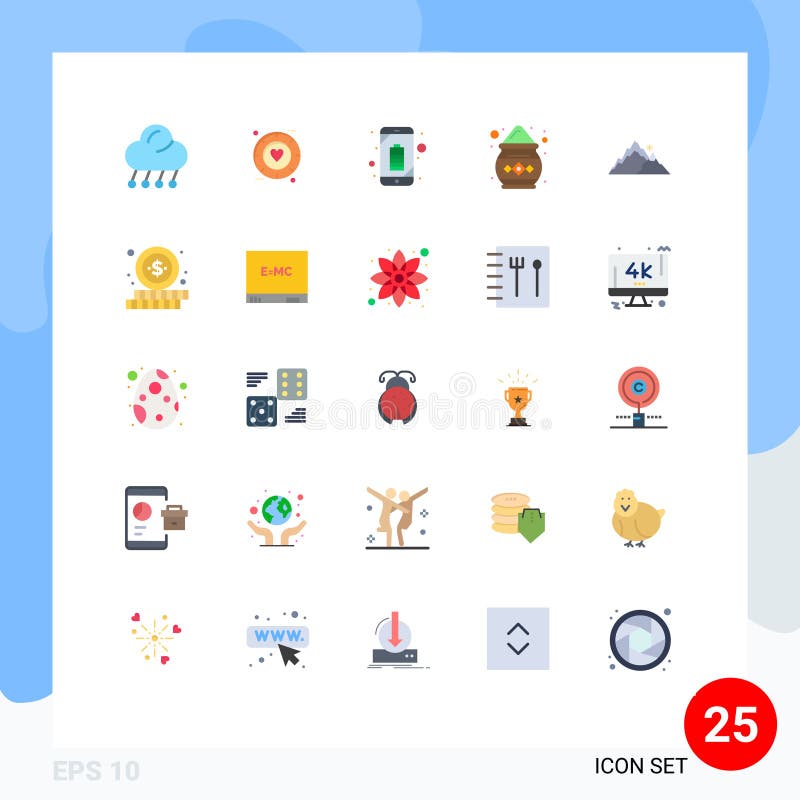 Interfaccia mobile a colori a schermo piatto con 25 pittogrammi di mountain pot matrimonio india smart royalty illustrazione gratis