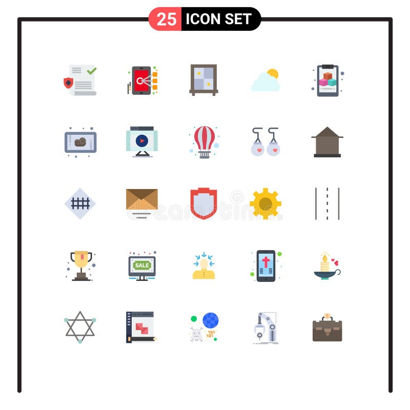 Interfaccia mobile, serie di colori piatta di 25 pittogrammi di cubi di manzo, cubi interni, Sun royalty illustrazione gratis