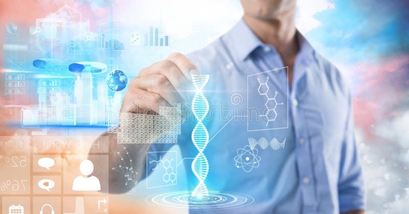 Interface de la science et technologie et stylo de participation d'homme d'affaires devant les nuages colorés photographie stock libre de droits Interface de la science et technologie et stylo de participation d'homme d'affaires devant les nuages colorés photographie stock libre de droits