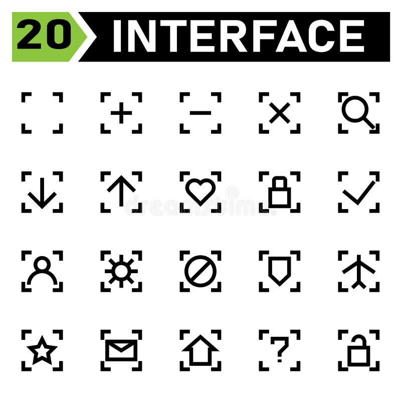 Interface icon include blank, square, interface, plus, add, new, open, minus, delete, remove, cross, close, search, looking, find. This is a very nice icon of various types of user interface icons