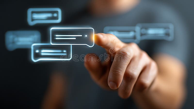 Interfaz de burbujas de chat holográficas que resaltan el concepto de comunicación futura y tecnología de interacción digital stock de ilustración