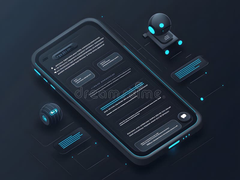 Interfaz de chatbot de IA futurista con burbujas de voz y asistente digital stock de ilustración
