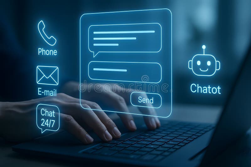 Interfaz de soporte en línea futurista con iconos de chat holográficos libre illustration