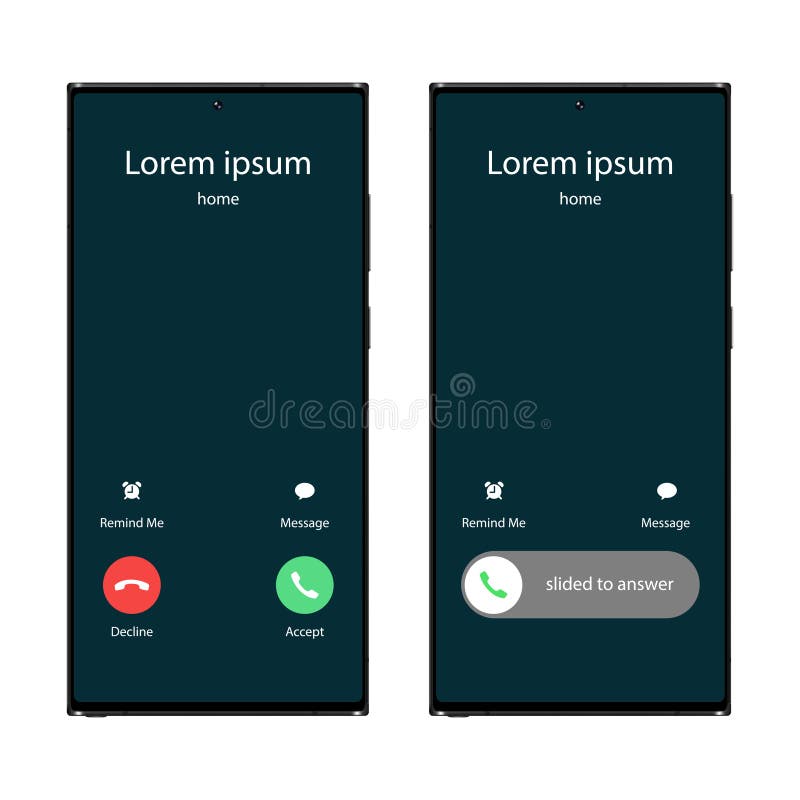 Interfaz de usuario de llamadas entrantes de teléfono. diapositiva para responder aceptar mensaje de rechazo y recordatorio. inter stock de ilustración