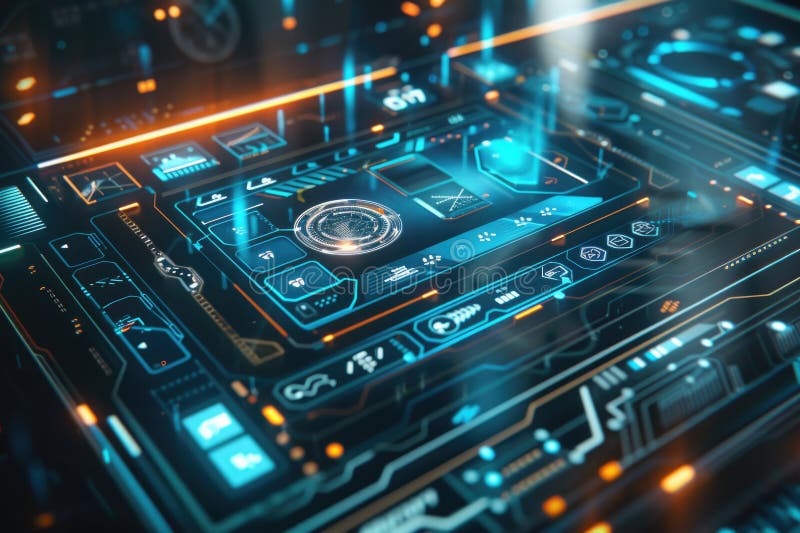 Interfaz digital de alta tecnología con elementos neón azul y naranja con proyecciones holográficas y datos complejos. Interfaz digital de alta tecnología con elementos neón azul y naranja con proyecciones holográficas y una visualización de datos complicada. generado por ai