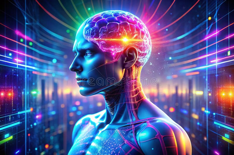 Interfaz Cerebral de Neón Intrincada: Una Visión Cyberpunk Futurista de la Conexión Digital de la Mente Humana stock de ilustración