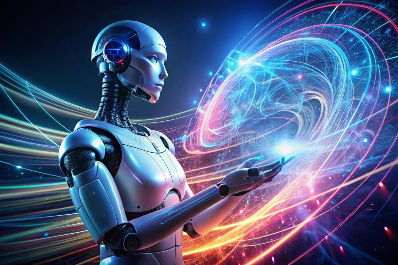 Interfață futuristă AI Chatbot: O expunere lungă a fluxurilor de date luminoase și a rețelelor neuronale dezvăluind dinamica stock illustration