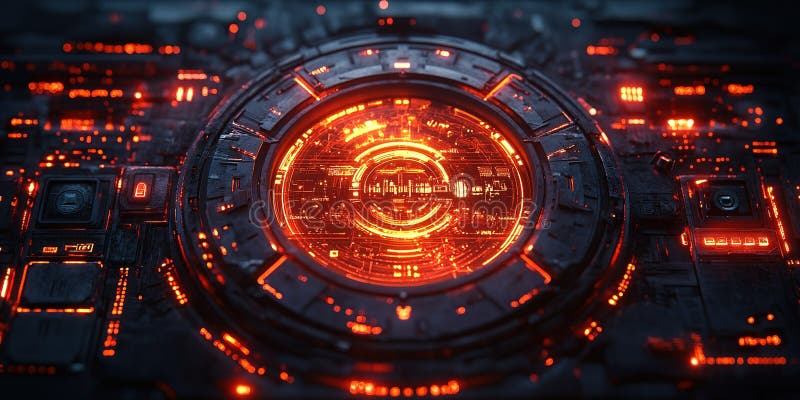 Interfață circulară futuristă cu lumini roșii strălucitoare și modele complexe într-un mediu întunecat stock illustration