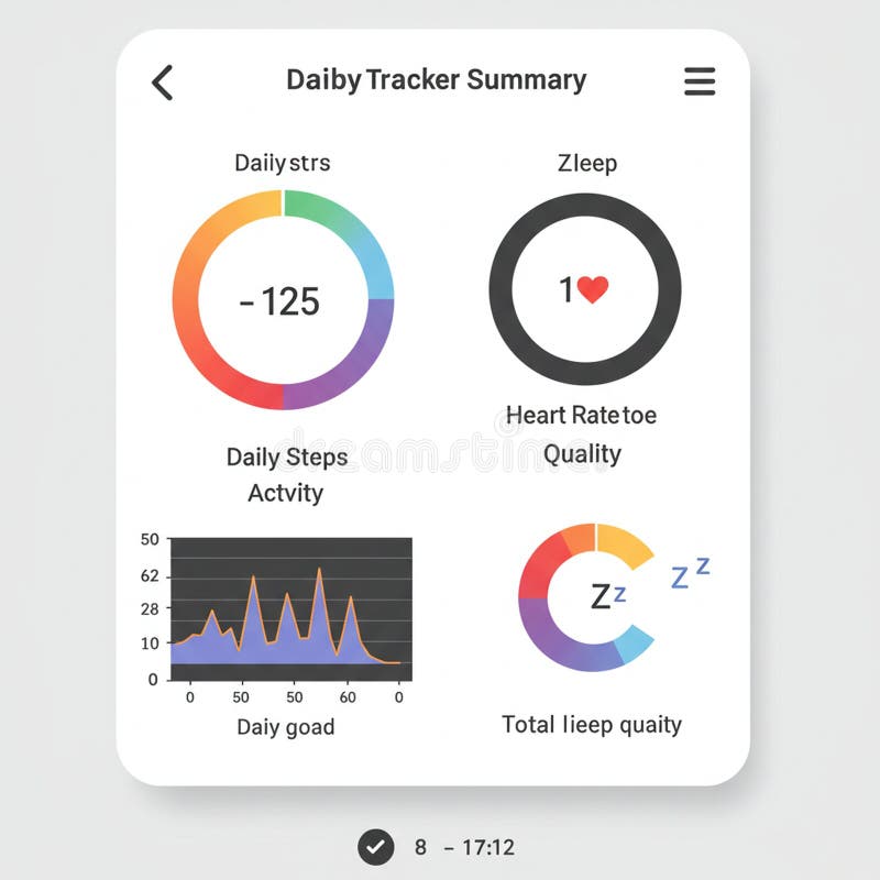 Interfață digitală care afișează un rezumat al aplicației Daily Tracker cu reprezentări vizuale ale datelor. vector illustration