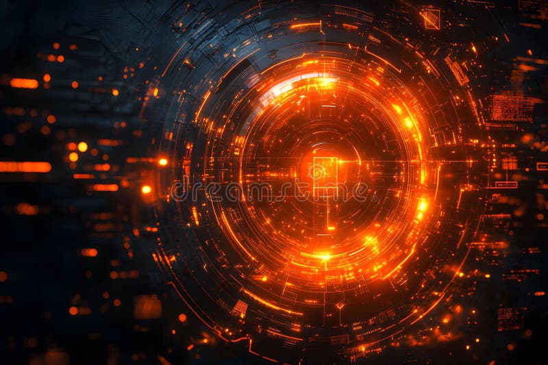 Interfață digitală futuristă cu modele circulare portocalii strălucitoare pentru proiectarea tehnologiei Generative AI royalty free stock photo
