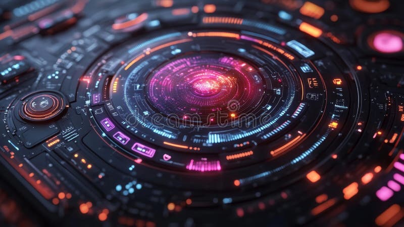 Interfață futuristă care afișează date dinamice în modele circulare stock illustration