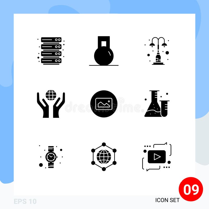 Interfață mobilă, set solid de 9 pictograme pentru asistența tehnică de bază în lumea luminii stock illustration