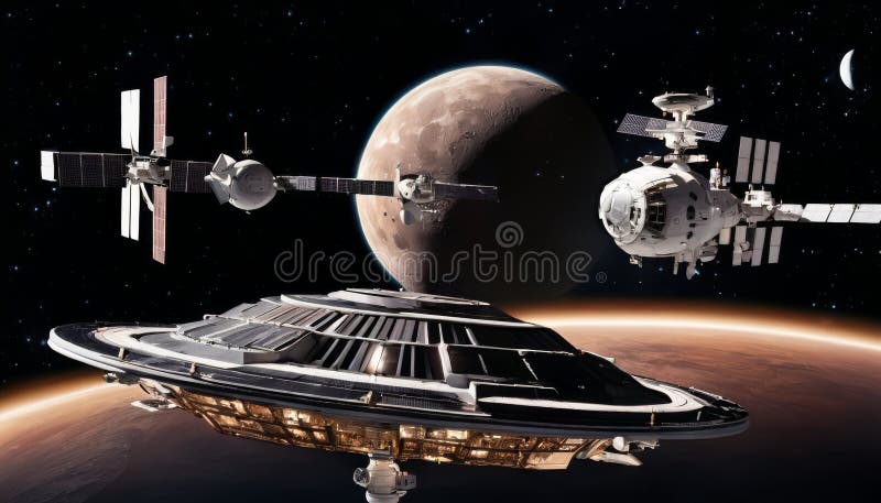 Intergalactic Station Orbiting a Planet stock photos
