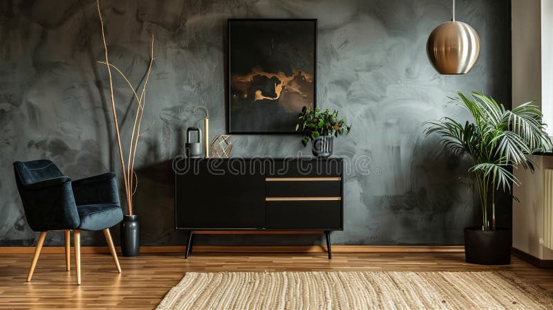 Interieur-Design des modernen Wohnzimmers mit schwarzem Comode-Stuhl mock-up Art Gemälde kopieren Raum Dekoration und lizenzfreie abbildung