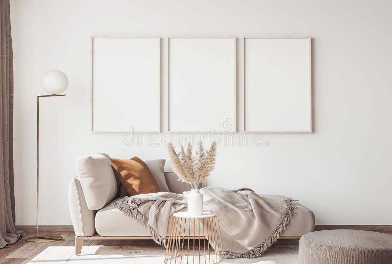 Interieurontwerp van het moderne scandinavische appartement met drie lege frames . neutrale kleuren Interieurontwerp van het moderne scandinavische appartement met drie lege frames . neutrale kleuren