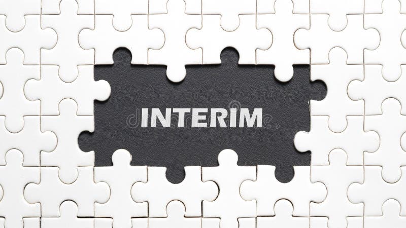 White puzzle pieces with missing center pieces reveal the text 'Interim' on a black textured background. Alphabet project stock images, royalty-free photos and pictures