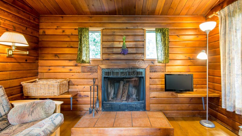 Interior acogedor de una cabaña de madera rústica