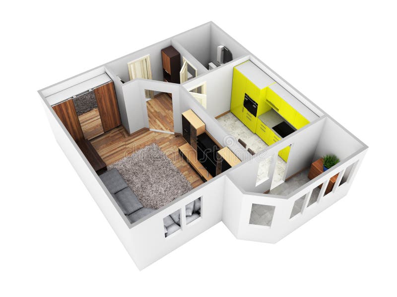 Interior apartment roofless perspective view apartment layout without shadow on white background 3d render