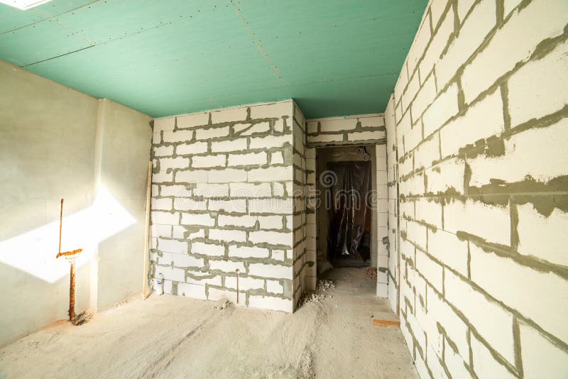 Interior of an Apartment Room with Bare Walls and Ceiling Under