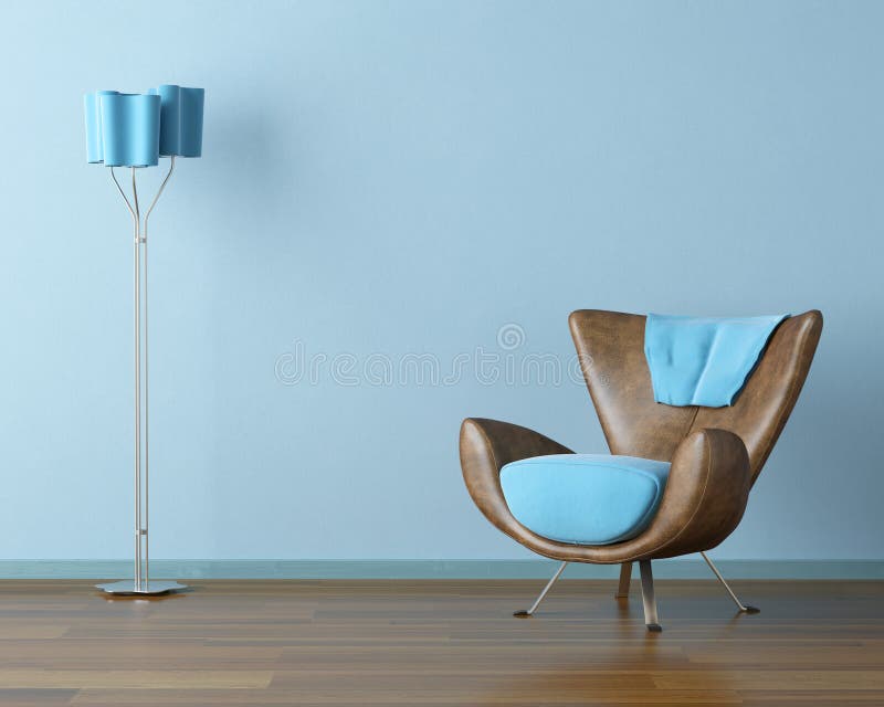 Interior azul con el sofá y la lámpara stock de ilustración Interior azul con el sofá y la lámpara stock de ilustración