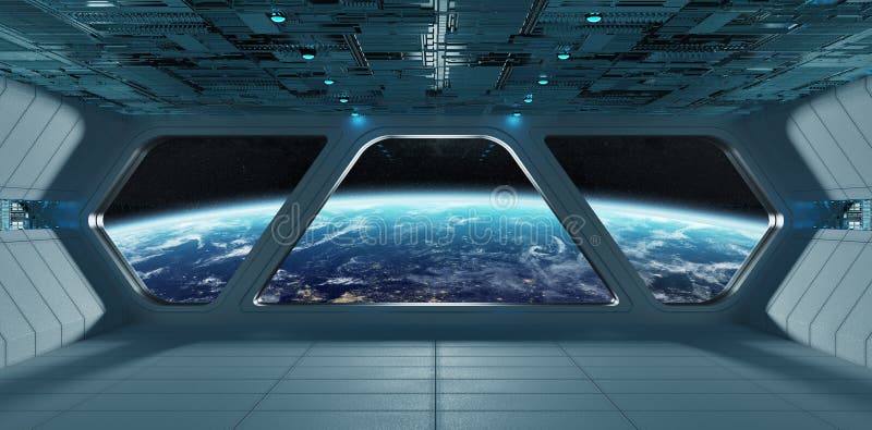 Interior azul gris futurista de la nave espacial con la opinión sobre el planeta Eart libre illustration Interior azul gris futurista de la nave espacial con la opinión sobre el planeta Eart libre illustration