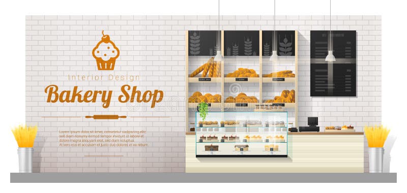Interior background with modern bakery shop display counter vector illustration