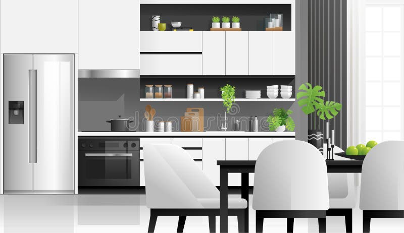 Interior Background with Modern Black and White Kitchen Stock Vector