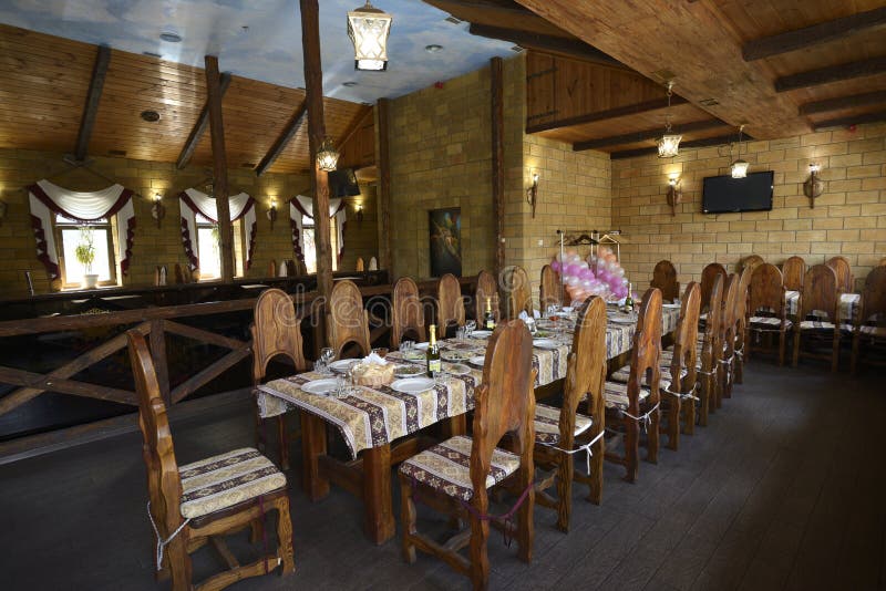 Interior of the banquet room of the restaurant, medieval castle style stock image Interior of the banquet room of the restaurant, medieval castle style stock image