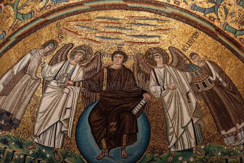 Ravenna, Italy - Sept 11, 2019: Interior of Basilica of San Vitale, which has important examples of early Christian Byzantine art and architecture. Detail of the mosaics of the apse: the Redeemer, St. Vitale and the Bishop Ecclesius