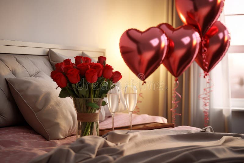 The interior of a beautiful bedroom with a bouquet of roses, balloons, glasses of champagne, decor for Valentine&x27;s