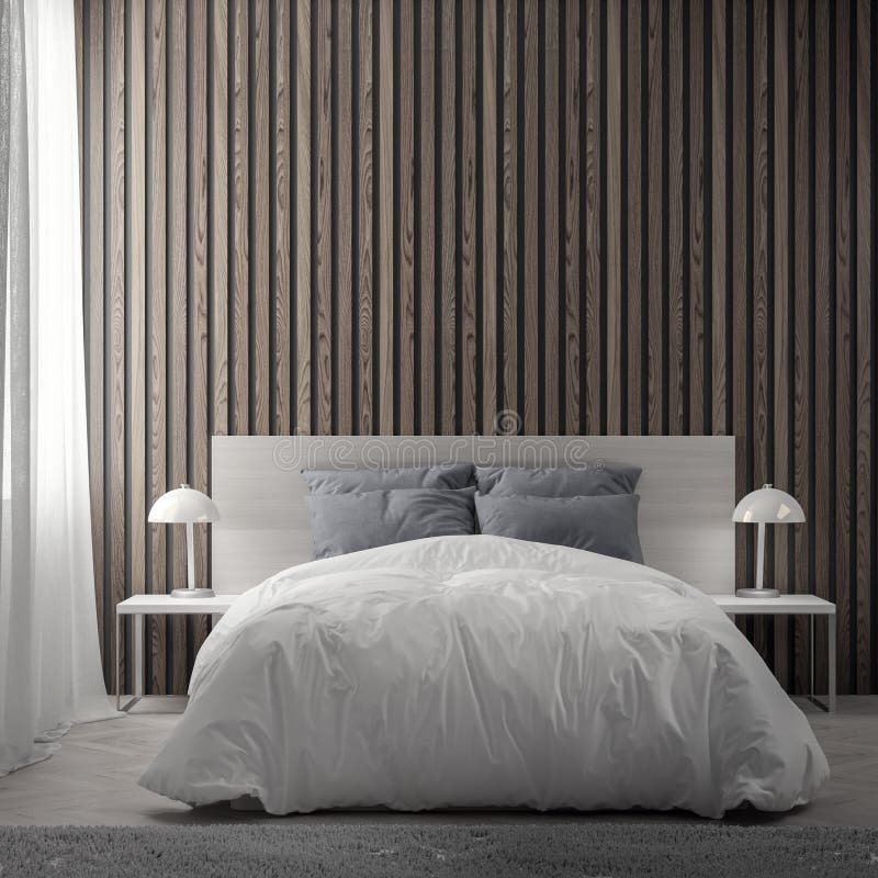 Interior of Bedroom with Wood Planks Wall, 3D Rendering Stock Illustration Illustration of