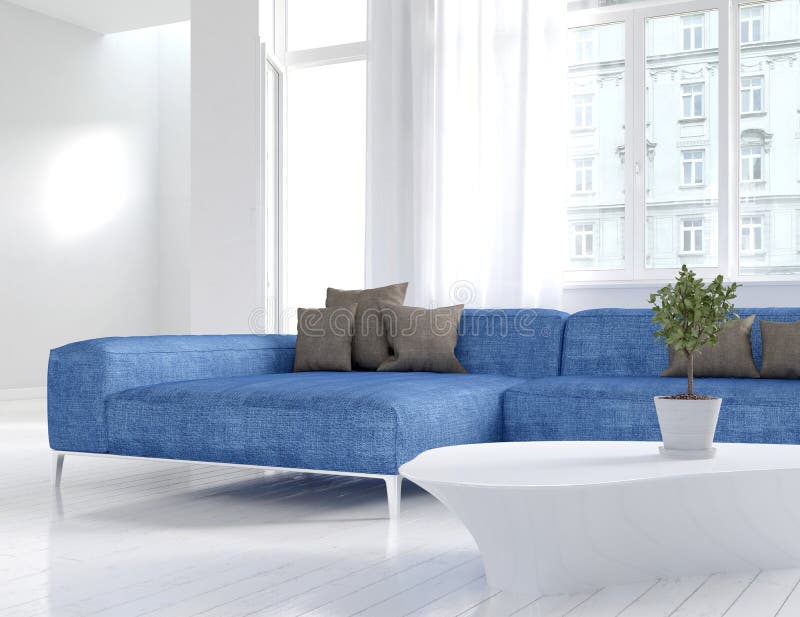 Interior blanco de la sala de estar con el sofá azul imágenes de archivo libres de regalías Interior blanco de la sala de estar con el sofá azul imágenes de archivo libres de regalías