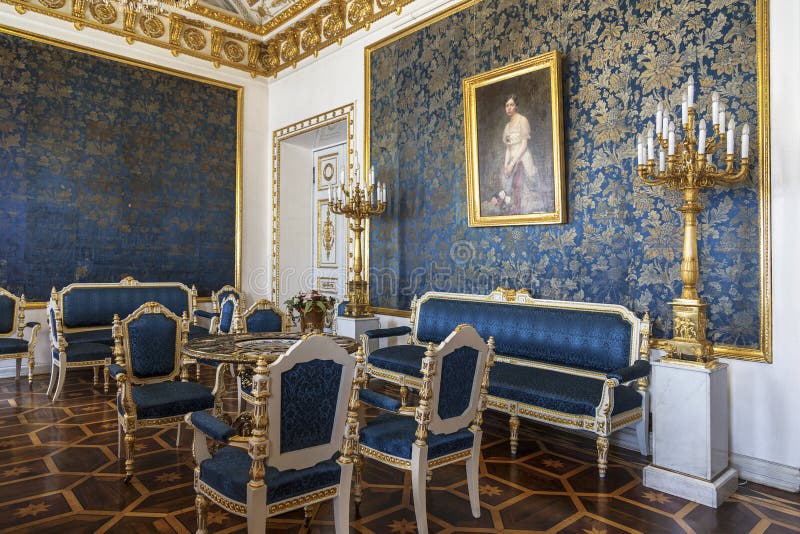 Interior blue living room in the Yusupov Palace on the Moika river embankment, Saint-Petersburg