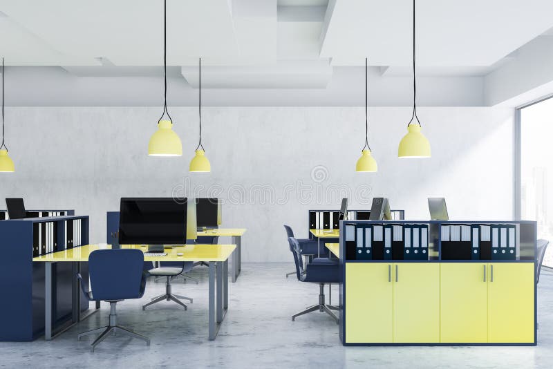 Interior of Blue and Yellow Office Stock Illustration Illustration of
