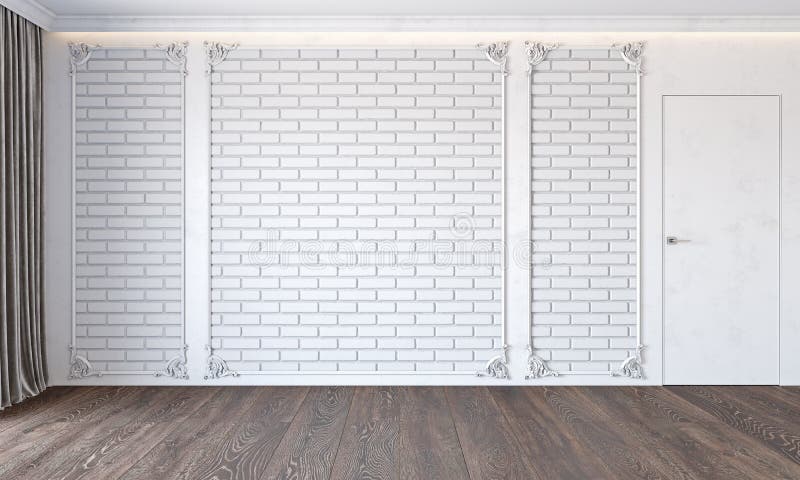 Interior branco clássico moderno com parede de tijolo, porta, o assoalho de madeira, o teto retroiluminado, o molde e a cortina ilustração do vetor Interior branco clássico moderno com parede de tijolo, porta, o assoalho de madeira, o teto retroiluminado, o molde e a cortina ilustração do vetor