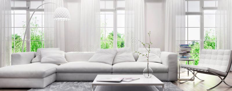 Interior branco moderno com um sofá e umas grandes janelas