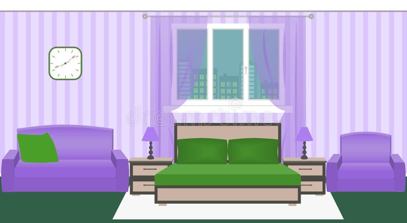 Interior brilhante do quarto das cores com mobília e arquitetura da cidade fora da janela ilustração do vetor Interior brilhante do quarto das cores com mobília e arquitetura da cidade fora da janela ilustração do vetor