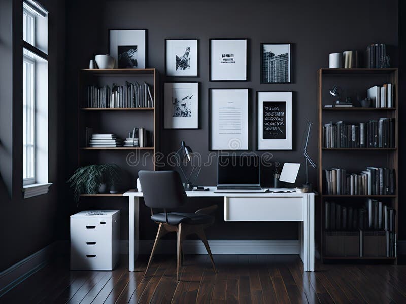 Interior of a Brown Home Office. Ai Generative Stock Illustration