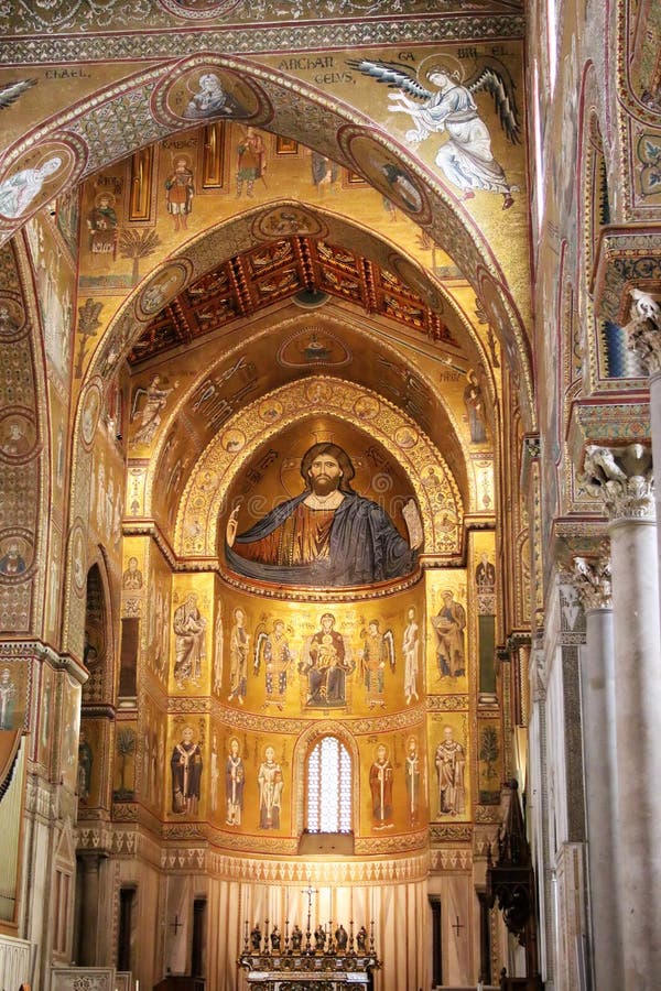View of the interiors of the cathedral of Monreale, near Palermo Sicily. In the picture it's possible to see the main altar and the byzantine mosaics. The cathedral of Monreale is one of the most important tourist attractions in Sicily. View of the interiors of the cathedral of Monreale, near Palermo Sicily. In the picture it's possible to see the main altar and the byzantine mosaics. The cathedral of Monreale is one of the most important tourist attractions in Sicily.