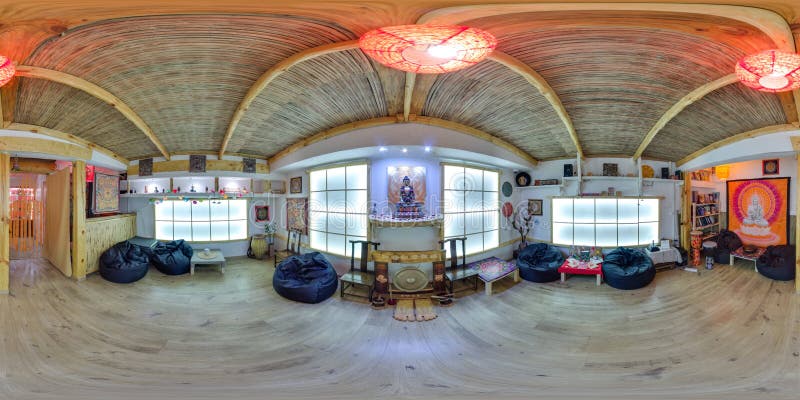 Interior of cafe in eco-style. Beautiful background. 3D spherical panorama with 360 degree viewing angle. Ready for virtual reality in vr. Full equirectangular projection. Buddha. Interior of cafe in eco-style. Beautiful background. 3D spherical panorama with 360 degree viewing angle. Ready for virtual reality in vr. Full equirectangular projection. Buddha