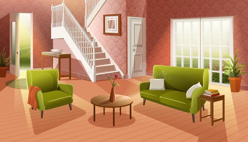 Interior cartoon style cozy living room with wooden floor and furniture, sofa, table and window to the garden