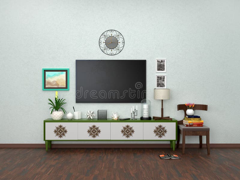 Interior casero con la TV en la pared imágenes de archivo libres de regalías Interior casero con la TV en la pared imágenes de archivo libres de regalías