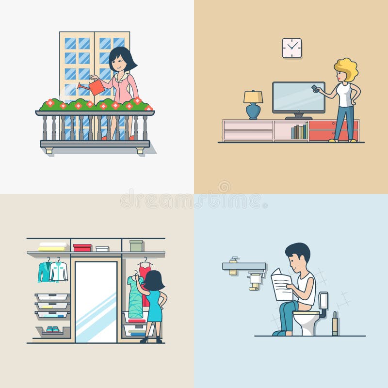 Interior casual plano linear del sitio de hombre de la mujer de la vida stock de ilustración Interior casual plano linear del sitio de hombre de la mujer de la vida stock de ilustración